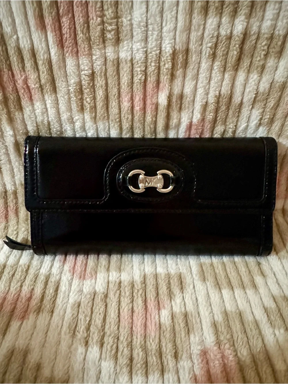 Michael Kors Black Patent Leather Continental Clutch Wallet with Silver Hardware